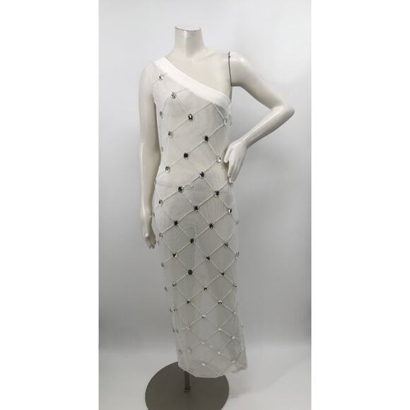 Akira White Chrissy Sheer Mesh Beaded Midi Party Dress Medium - Picture 3 of 15